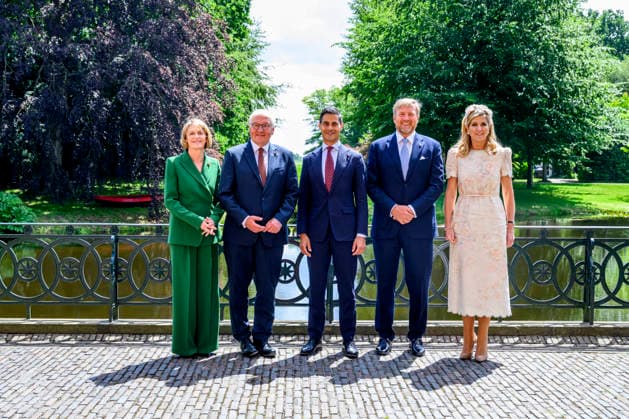 10-06-2026 Voorschoten Queen Maxima and King Willem-Alexander and Federal President of Germany Frank-Walter Steinmeier and Elke Budenbender and Rob Jetten pose before the government lunch at castle Duivenvoorde in Voorschoten on the 2nd day of the 3 day statevisit to the Netherlands. Â  Copyright: xPPEx