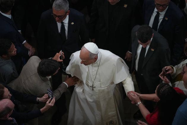 Meeting of Pope Leo XIV with the realities of diocesan charity and assistance in the Raval Pope Leo XIV on his way out of the ecclesial meeting with the entities of diocesan charity and assistance in the Church of St. Augustine, located in the neighborhood of El Raval, on June 10, 2026, in Barcelona, Catalunya Espana This social event serves as a platform for a speech in support of vulnerable groups and to support the humanitarian work carried out by organizations such as Caritas and various grassroots religious communities with people at risk of exclusion The meeting brings together representatives of some 90 institutions 10 JUNE 2026 POOL POPE LEON XIV BARCELONA EL RAVAL CARIDAD SAN AGUSTÍN Barcelona Catalunya Catalunya Barcelona Catalun  Copyright: xDavidxZorrakino EuropaxPress Poox 7586948