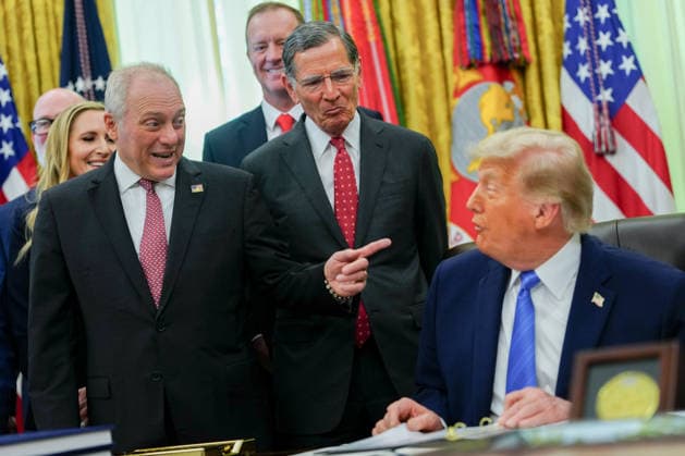 Representative Steve Scalise, a Republican from Louisiana, from left, Senator John Barrasso, a Republican from Wyoming, and US President Donald Trump during a signing ceremony for the Secure America Act in the Oval Office of the White House in Washington, DC on Wednesday, June 10, 2026. The SAVE America Act requires proof of citizenship to register to vote.  WAX20260610206 AaronxSchwartz