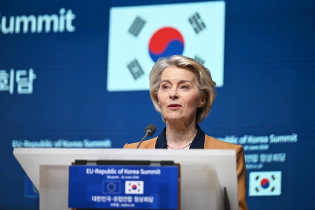 EU-South Korea Summit In Brussels BRUSSELS, BELGIUM - JUNE 10: EU Council President Antonio Costa (not seen), European Commission President Ursula von der Leyen and South Korean President Lee Jae Myung (not seen) hold a joint press conference following the European Union (EU)-South Korea Summit in Brussels, Belgium on June 10, 2026. Dursun Aydemir Anadolu Brussels Belgium. Editorial use only. Please get in touch for any other usage.  Copyright: x2026xAnadoluxDursunxAydemirx