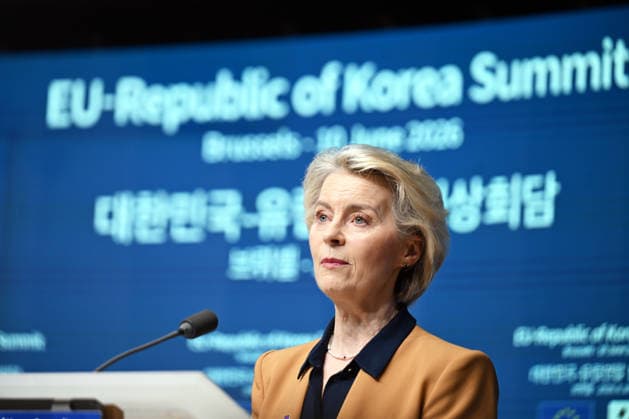 EU-South Korea Summit In Brussels BRUSSELS, BELGIUM - JUNE 10: EU Council President Antonio Costa (not seen), European Commission President Ursula von der Leyen and South Korean President Lee Jae Myung (not seen) hold a joint press conference following the European Union (EU)-South Korea Summit in Brussels, Belgium on June 10, 2026. Dursun Aydemir Anadolu Brussels Belgium. Editorial use only. Please get in touch for any other usage.  Copyright: x2026xAnadoluxDursunxAydemirx