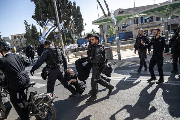 Police intervene as Ultra-Orthodox Jews block roads in West Jerusalem WEST JERUSALEM - JUNE 10: Israeli police intervene to disperse Ultra-Orthodox (Haredi) Jews blocking roads during a protest on June 10, 2026. Three demonstrators were detained during the incidents in West Jerusalem, where crowds gathered to protest against compulsory military service. Mostafa Alkharouf Anadolu Jerusalem Israel. Editorial use only. Please get in touch for any other usage.  Copyright: x2026xAnadoluxMostafaxAlkharoufx