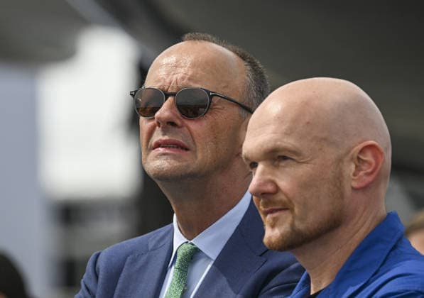 ILA Berlin International Air Show BERLIN, GERMANY - JUNE 10: German Chancellor Friedrich Merz (L) visits the ILA Berlin International Air Show held under the theme Pioneering Aerospace in Berlin, Germany on June 10, 2026. Halil Sagirkaya Anadolu Berlin Germany. Editorial use only. Please get in touch for any other usage.  Copyright: x2026xAnadoluxHalilxSagirkayax