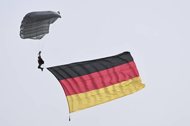 Berlin International Aerospace Exhibition (ILA Berlin) BERLIN, GERMANY - JUNE 10: German flag is unfurled during Berlin International Aerospace Exhibition (ILA Berlin), opened under the theme Pioneering in Aviation and Space by Messe Berlin, at the Berlin Exhibition Center at Berlin-Brandenburg Airport (BER) in Berlin, Germany on June 10, 2026. Halil Sagirkaya Anadolu Berlin Germany. Editorial use only. Please get in touch for any other usage.  Copyright: x2026xAnadoluxHalilxSagirkayax