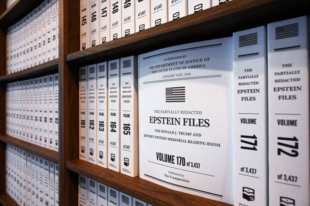 Trump Epstein Memorial Reading Room in Washington, DC Thousands of volumes of the Epstein files line the shelves at the Donald J. Trump and Jeffrey Epstein Memorial Reading Room, on June 10, 2026 in Washington, DC. The Reading Room is a temporary gallery where all of the Epstein-related documents released by the Department of Justice are in print. The room also contains a tribute to victims, artwork by survivor Maria Farmer, and a wall for visitors to leave their thoughts and reactions. Photo by Olivier Douliery ABACAPRESS.COM Washington DC United States  Copyright: xDoulieryxOlivier ABACAx
