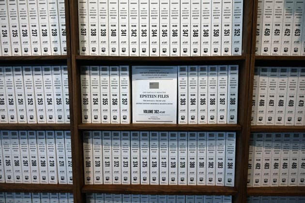 Trump Epstein Memorial Reading Room in Washington, DC Thousands of volumes of the Epstein files line the shelves at the Donald J. Trump and Jeffrey Epstein Memorial Reading Room, on June 10, 2026 in Washington, DC. The Reading Room is a temporary gallery where all of the Epstein-related documents released by the Department of Justice are in print. The room also contains a tribute to victims, artwork by survivor Maria Farmer, and a wall for visitors to leave their thoughts and reactions. Photo by Olivier Douliery ABACAPRESS.COM Washington DC United States  Copyright: xDoulieryxOlivier ABACAx