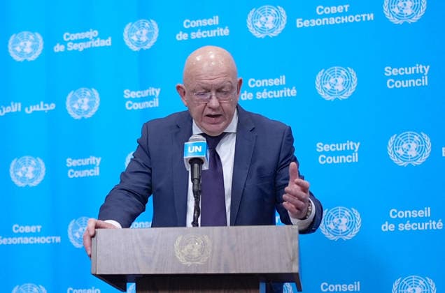 Ambassador Nebenzia addresses the press at the UN Security Council media stakeout NEW YORK, UNITED STATES - JUNE 10: Ambassador Vassily Nebenzia, Permanent Representative of the Russian Federation to the United Nations, holds a press briefing at the UN Security Council Media Stakeout at the UN Headquarters on June 10, 2026, in New York City, U.S. Selcuk Acar Anadolu New York United States. Editorial use only. Please get in touch for any other usage.  Copyright: x2026xAnadoluxSelcukxAcarx