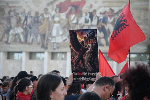 Protests against the Vlora tourism project continue in Albania TIRANA, ALBANIA - JUNE 10: People stage a protest against a planned tourism project in the Zvernec area of Avlonya (Vlora) as they gather at Skanderbeg Square in Tirana, Albania on June 10, 2026. Olsi Shehu Anadolu Tirana Albania. Editorial use only. Please get in touch for any other usage.  Copyright: x2026xAnadoluxOlsixShehux