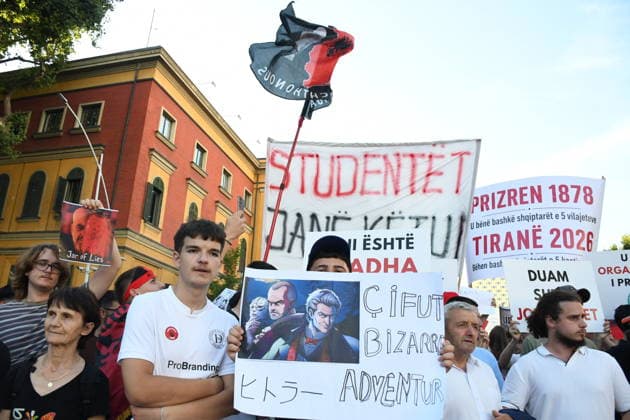 Protests against the Vlora tourism project continue in Albania TIRANA, ALBANIA - JUNE 10: People stage a protest against a planned tourism project in the Zvernec area of Avlonya (Vlora) as they gather at Skanderbeg Square in Tirana, Albania on June 10, 2026. Olsi Shehu Anadolu Tirana Albania. Editorial use only. Please get in touch for any other usage.  Copyright: x2026xAnadoluxOlsixShehux