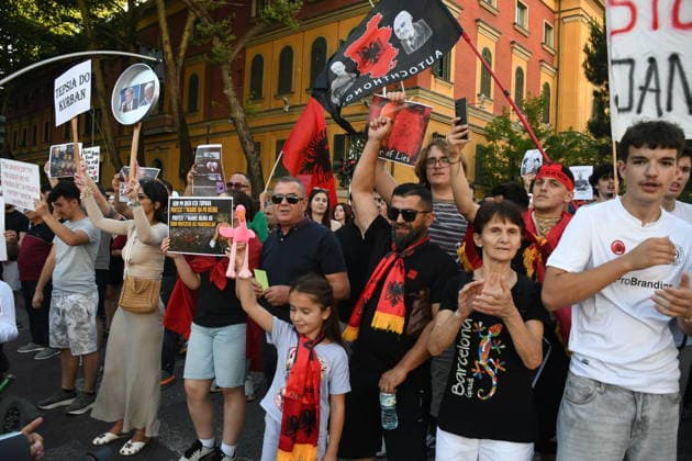 Protests against the Vlora tourism project continue in Albania TIRANA, ALBANIA - JUNE 10: People stage a protest against a planned tourism project in the Zvernec area of Avlonya (Vlora) as they gather at Skanderbeg Square in Tirana, Albania on June 10, 2026. Olsi Shehu Anadolu Tirana Albania. Editorial use only. Please get in touch for any other usage.  Copyright: x2026xAnadoluxOlsixShehux