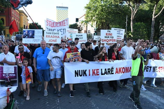 Protests against the Vlora tourism project continue in Albania TIRANA, ALBANIA - JUNE 10: People stage a protest against a planned tourism project in the Zvernec area of Avlonya (Vlora) as they gather at Skanderbeg Square in Tirana, Albania on June 10, 2026. Olsi Shehu Anadolu Tirana Albania. Editorial use only. Please get in touch for any other usage.  Copyright: x2026xAnadoluxOlsixShehux