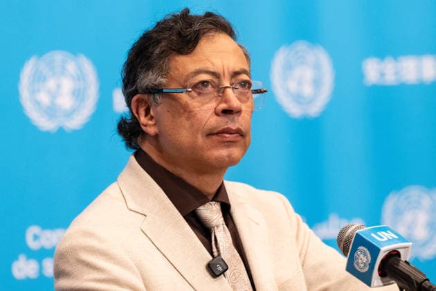 Press Encounter by Gustavo Petro Urrego, President of the Republic of Colombia Gustavo Petro Urrego, President of the Republic of Colombia, speaks to the press after a Security Council meeting on Advancing political solutions in the Middle East: mediation and dialogue for a lasting peace at UN Headquarters. New York New York United States Copyright: LevxRadin