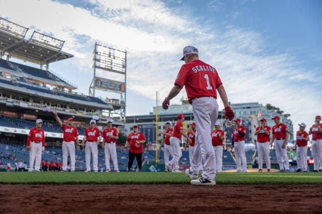 Congressional Baseball Game in Washington, DC WASHINGTON, DC, UNITED STATES - JUNE 10: House Minority Leader Steve Scalise (R-LA) walks onto the field during the Congressional Baseball Game at Nationals Park in Washington, DC, United States, on June 10, 2026. Nathan Posner Anadolu Washington, DC United States. Editorial use only. Please get in touch for any other usage.  Copyright: x2026xAnadoluxNathanxPosnerx