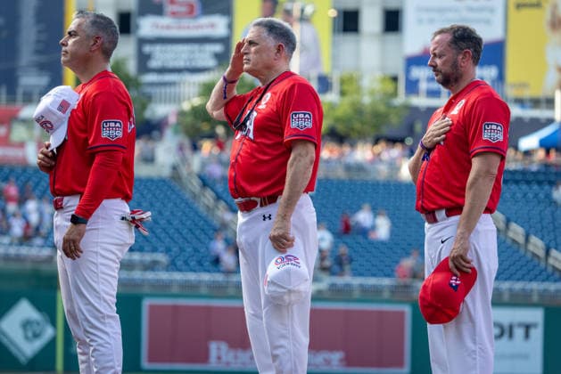 Congressional Baseball Game in Washington, DC WASHINGTON, DC, UNITED STATES - JUNE 10: Members of the Republican team take their hats off for the national anthem ahead of the Congressional Baseball Game at Nationals Park in Washington, DC, United States, on June 10, 2026. Nathan Posner Anadolu Washington, DC United States. Editorial use only. Please get in touch for any other usage.  Copyright: x2026xAnadoluxNathanxPosnerx