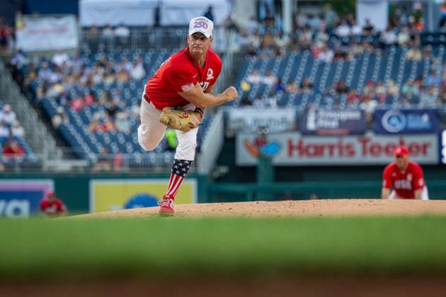 Congressional Baseball Game in Washington, DC WASHINGTON, DC, UNITED STATES - JUNE 10: Congressman Greg Steube (R-FL) pitches during the Congressional Baseball Game at Nationals Park in Washington, DC, United States, on June 10, 2026. Nathan Posner Anadolu Washington, DC United States. Editorial use only. Please get in touch for any other usage.  Copyright: x2026xAnadoluxNathanxPosnerx