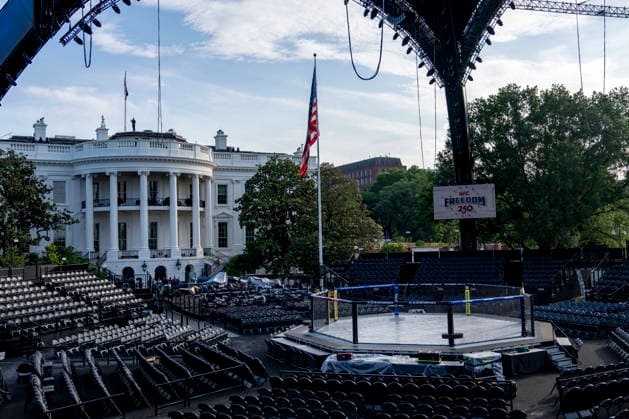 The Ultimate Fighting Championship (UFC) arena is seen as preparations continue for the UFC Freedom 250 event on the South Lawn of the White House in Washington, DC on Thursday, June 11, 2026. President Donald Trump is hosting a series of fighting matches on the South Lawn on Flag Day and his 80th birthday, June 14, in honor of America s 250th birthday.  WAP20260611304 BONNIExCASH