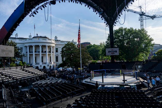 The Ultimate Fighting Championship (UFC) arena is seen as preparations continue for the UFC Freedom 250 event on the South Lawn of the White House in Washington, DC on Thursday, June 11, 2026. President Donald Trump is hosting a series of fighting matches on the South Lawn on Flag Day and his 80th birthday, June 14, in honor of America s 250th birthday.  WAP20260611315 BONNIExCASH
