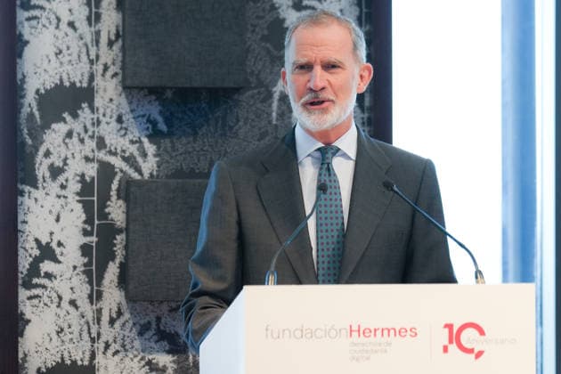 King Felipe VI presides over the commemoration of the 10th anniversary of the Hermes Foundation King Felipe VI speaks during the celebration of the commemoration of the tenth anniversary of the Hermes Foundation, on June 11, 2026, in Madrid Spain This institutional gala event brings together prominent personalities from the business, academic and communication fields to review the history of this entity dedicated to the defense of intellectual property rights, the promotion of media literacy and the promotion of a democratic and secure digital ecosystem 11 JUNE 2026 Diego Radamé Madrid Madrid Madrid Spain  Copyright: xDiegoxRadamÃ sx 7588745