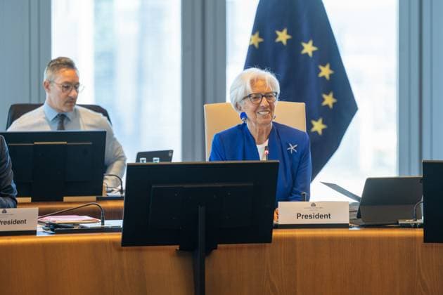 (260611) -- FRANKFURT, June 11, 2026 -- European Central Bank (ECB) President Christine Lagarde (R) attends the ECB governing council meeting in Frankfurt, Germany, on June 11, 2026. The European Central Bank (ECB) decided on Thursday to raise all the three key interest rates by 25 basis points. (ECB Handout via Xinhua) GERMANY-FRANKFURT-ECB-INTEREST RATES-HIKE OuxZhouyangxing 