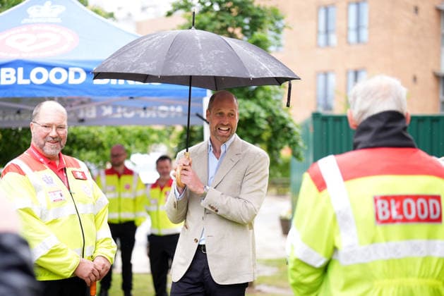 Royal visit to Norfolk The Prince of Wales joins a delivery of vital medical supplies to local emergency responders Norfolk Blood Bikes new rapid response vehicle at Norfolk and Norwich University Hospital, to highlight emergency response services. Norfolk Blood Bikes operates 365 days a year, transporting blood, plasma, platelets, samples, vaccines, and any other urgently required medical items to hospitals in Norfolk, as well as blood to the East Anglian Air Ambulance, helping to extend its lifesaving capability. Picture date: Thursday June 11, 2026., Credit:Aaron Chown PA ROTA - B68 Avalon UK, Norfolk  Copyright: xAaronxChownx xPAxROTAx-xB68x xAvalonx 1109486194