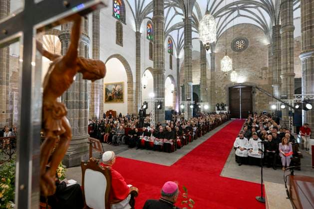 IPA85581548 - Spain, Vatican, June 11, 2026: Pope Leo XIV greets people during a meeting with bishops, priests, deacons, religious, seminarians, and pastoral workers in the Cathedral of Saint Anne in Las Palmas on the Canary Island of Gran Canaria, a place accustomed to the arrival of migrants,Photograph by VATICAN MEDIA Catholic Press Photo  Copyright: xVATICANxMEDIA CPPx xVATICANxMEDIA CPPx 85581548