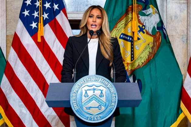 First Lady Melania Trump speaks alongside Treasury Secretary Scott Bessent during an event at the Treasury Department in Washington, DC on Thursday, June 11, 2026. The administration announced the launch of Fostering the Future Accounts as part of Trump Accounts and her Fostering the Future initiative.  WAP20260611321 BONNIExCASH