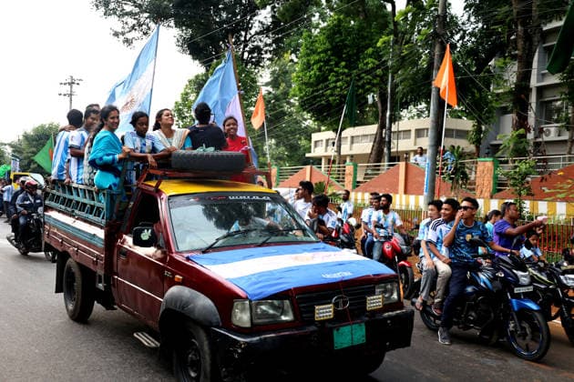 June 11, 2026, Rangamati, Rangamati Hill Tracts, Bangladesh: Welcoming the Greatest Show on Earth , the FIFA World Cup 2026, passionate fans and supporters of Argentina held a massive showdown and colorful rally in the scenic hill town of Rangamati. Hundreds of Albiceleste fans joined the celebration to express their deep love and excitement for their favorite team.....................The grand rally kicked off from the Reserve Bazar area of Rangamati town. Wearing the iconic sky blue and white jerseys, ecstatic fans waved both the national flag of Bangladesh and the flag of Argentina, filling the air with music, dances, slogans, and joyous cheers.....................A massive convoy comprising motorcycles, CNG-run autorickshaws, trucks, a - ZUMAs308 20260611_zip_s308_009 Copyright: xMohammedxShajahanx