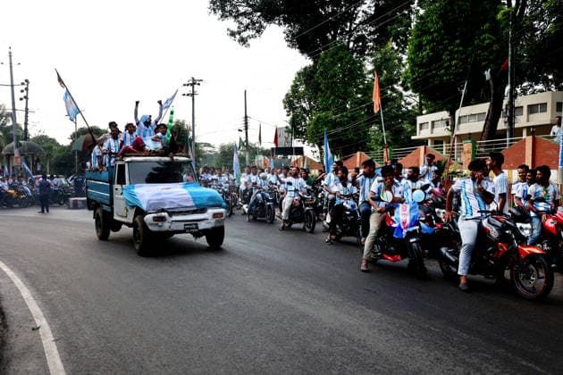 June 11, 2026, Rangamati, Rangamati Hill Tracts, Bangladesh: Welcoming the Greatest Show on Earth , the FIFA World Cup 2026, passionate fans and supporters of Argentina held a massive showdown and colorful rally in the scenic hill town of Rangamati. Hundreds of Albiceleste fans joined the celebration to express their deep love and excitement for their favorite team.......................The grand rally kicked off from the Reserve Bazar area of Rangamati town. Wearing the iconic sky blue and white jerseys, ecstatic fans waved both the national flag of Bangladesh and the flag of Argentina, filling the air with music, dances, slogans, and joyous cheers.......................A massive convoy comprising motorcycles, CNG-run autorickshaws, truck  - ZUMAs308 20260611_zip_s308_011 Copyright: xMohammedxShajahanx
