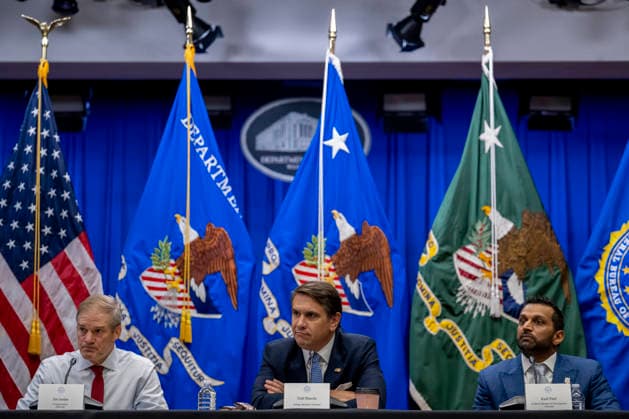 Rep. Jim Jordan, R-OH, Acting Attorney General Todd Blanche, and Director of the Federal Bureau of Investigation (FBI) Kash Patel (L-R), during a roundtable on education at the Department of Justice in Washington, DC on Thursday, June 11, 2026.  WAP202606111190 DANIELxHEUER