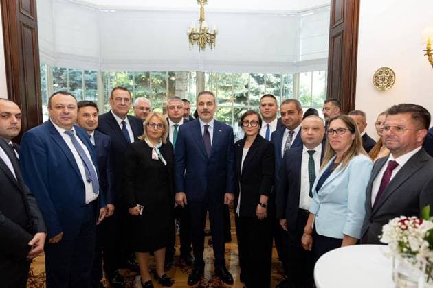 Turkish Foreign Minister Hakan Fidan in Sofia SOFIA, BULGARIA - JUNE 11: Turkish Foreign Minister Hakan Fidan (C) meets with Turkish businesspeople and expatriate politicians as part of his official visit to Sofia, Bulgaria, on June 11, 2026. Murat Gok Anadolu Sofia Bulgaria. Editorial use only. Please get in touch for any other usage.  Copyright: x2026xAnadoluxMuratxGokx
