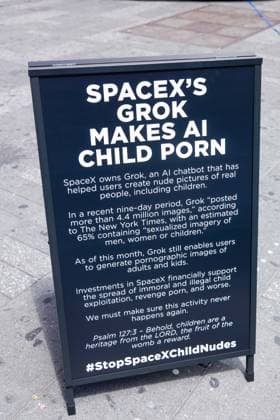 New York, NY- June 11th: A Giant Inflatable Sculpture of Elon Musk in Times Square Manhattan on June 11, displays the statement Ã¢â‚¬oeSpace XÃ¢â‚¬â ¢s Grok Makes AI Child PornÃ¢â‚¬Â.on June 11, 2026 Credit: Camara Porter USA  - ZUMAa123 20260611_zaa_a123_017 Copyright: xAdMediax