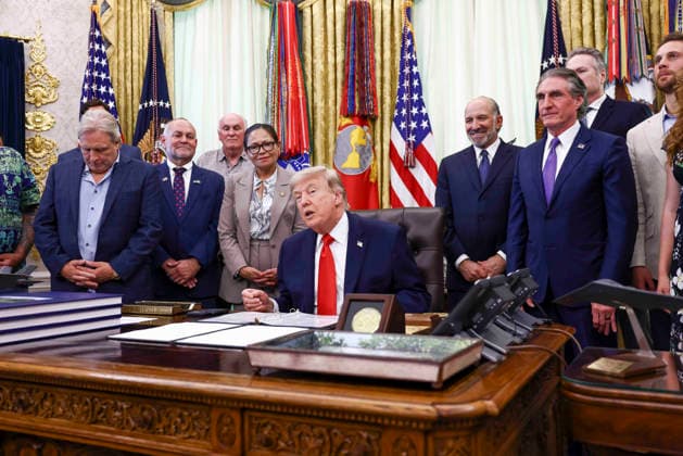 President Donald Trump speaks to reporters about restoring commercial fishing access to areas of the Pacific during a signing ceremony in the Oval Office of the White House in Washington DC on Thursday, June 11, 2026.  WAX20260611801 JIMxLOxSCALZO
