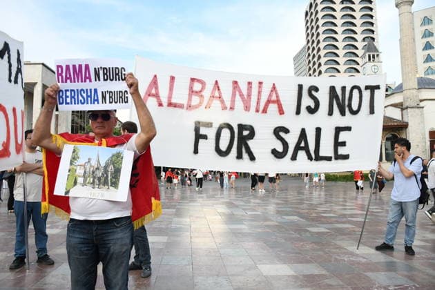 Protests against the Vlora tourism project continue in Albania TIRANA, ALBANIA - JUNE 11: People stage a protest against a planned tourism project in the Zvernec area of Avlonya (Vlora) as they gather at Skanderbeg Square in Tirana, Albania on June 11, 2026. Olsi Shehu Anadolu Tirana Albania. Editorial use only. Please get in touch for any other usage.  Copyright: x2026xAnadoluxOlsixShehux
