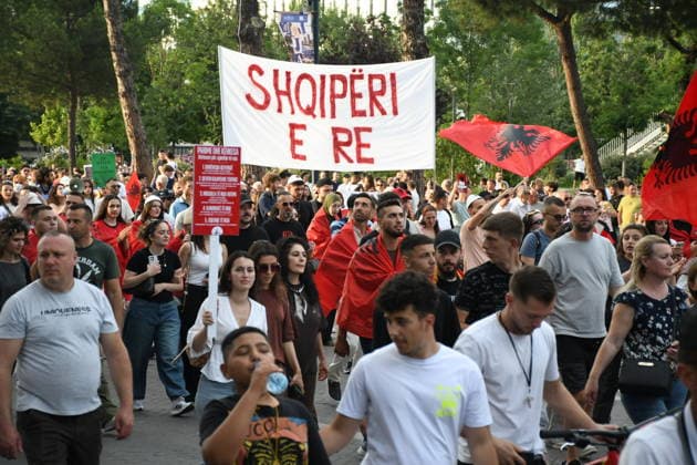 Protests against the Vlora tourism project continue in Albania TIRANA, ALBANIA - JUNE 11: People stage a protest against a planned tourism project in the Zvernec area of Avlonya (Vlora) as they gather at Skanderbeg Square in Tirana, Albania on June 11, 2026. Olsi Shehu Anadolu Tirana Albania. Editorial use only. Please get in touch for any other usage.  Copyright: x2026xAnadoluxOlsixShehux