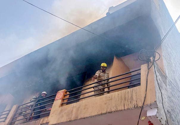 GHAZIABAD, INDIA - JUNE 11: Firefighters battle toxic, suffocating plumes of dense black smoke after massive blaze that erupted at a chemical factory in Hindon Vihar near Nandgram on June 11, 2026 in Ghaziabad, India. (Photo by Sakib Ali Hindustan Times) Massive Fire Broke Out At A Chemical Factory In Ghaziabad