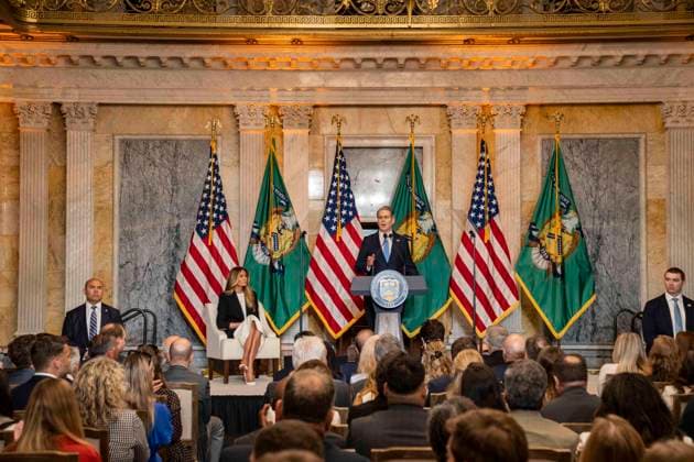 June 11, 2026, Washington, District Of Columbia, USA: United States Secretary of the Treasury Scott Bessent speaks as first lady Melania Trump hosts an event launching ˜Fostering the Future Accounts™ in the US Treasury Building in Washington, DC, USA, on Thursday, June 11, 2026. These accounts are technically Trump Accounts, authorized by the One Big Beautiful Bill, that at the urging of the first lady, authorized certain agencies to open accounts for children in foster care who do not have another legal guardian Washington USA - ZUMAs152 20260611_faa_s152_067 Copyright: xAndrewxThomasx