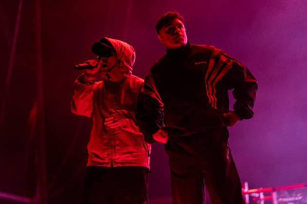 June 12, 2026, Porto, Portugal: MÃ›glaÃa Bap and Mo Chara of the Irish hip?hop group Kneecap perform together during the first day of Primavera Sound Porto 2026 at Parque da Cidade. Porto Portugal  - ZUMAs197 20260612_aaa_s197_005 Copyright: xDiogoxBaptistax