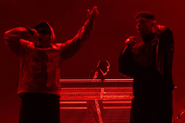 June 12, 2026, Porto, Portugal: MÃ›glaÃa Bap, Mo Chara and DJ PrÃ›vaÃa of the Irish hip?hop group Kneecap perform together during the first day of Primavera Sound Porto 2026 at Parque da Cidade. Porto Portugal - ZUMAs197 20260612_aaa_s197_013 Copyright: xDiogoxBaptistax