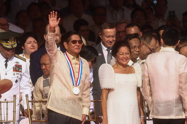 Philippines holds military parade to mark 128th Independence Day MANILA, PHILIPPINES - JUNE 12: Philippine President Ferdinand Bongbong Romualdez Marcos (L) and First Lady Liza Araneta Marcos (R) react on the stage, ahead of a military parade marking the 128th anniversary of Independence Day, in Manila, Philippines, on June 12, 2026. The military parade, which is consisted of the Air Force, Army and Navy and other forces, features different weapons and military assets, including the Israel-made The SPYDER Surface-to-air Missile Systems and Sabrah light tanks. It comes at a time of heightened tensions between Beijing and Manila in the South China Sea. Daniel Ceng Anadolu Manila Philippines. Editorial use only. Please get in touch for an  Copyright: x2026xAnadoluxDanielxCengx