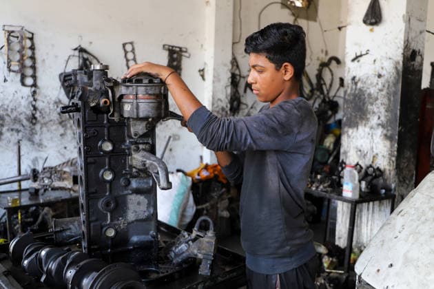 World Day Against Child Labour in Gaza GAZA CITY, GAZA, PALESTINE - JUNE 11: 12-year-old Palestinian Sami Ibrahim Hammad, who lost his father in Israeli attacks on Gaza, works long hours at an auto repair shop to support himself and his family instead of continuing his education during the World Day Against Child Labour on June 12, 2026 in Gaza City, Gaza, Palestine. Khalil Ramzi Alkahlut Anadolu Gaza City Gaza. Editorial use only. Please get in touch for any other usage.  Copyright: x2026xAnadoluxKhalilxRamzixAlkahlutx