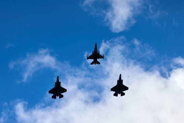 Newly acquired Polish F-35 Lightning II stealth strike fighters, named Husarz Gdansk, 12 06 2026 Welcome flyover of F-35 fighters over Poland. Westerplatte in Gdansk. 1109651118  1109651118