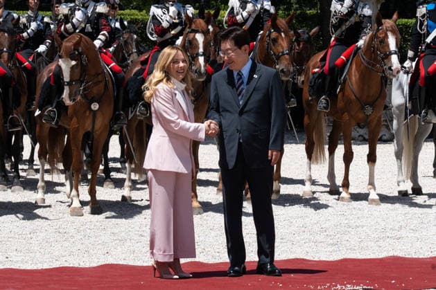 Meeting Between Giorgia Meloni and Korean President - Rome Rome 12 June 2026 Prime Minister Giorgia Meloni meets with the President of the Republic of Korea, Lee Jae Myung, at Villa Pamphilj in Rome. He will be in Rome on June 12, 2026. Photo by Andrea Bracaglia ABACAPRESS.COM Rome Italy Italy  Copyright: xBracagliaxAndrea ABACAx