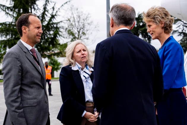 June 12, 2026, Paris, France: Prime Minister Mark Carney and Diana Fox Carney are greeted by the Ambassador of Canada to the French Republic, Ms. Nathalie Drouin, centre, and Mr. Franvßois Mandron of the Official Reception Department, left, in Paris, on Friday, June 12, 2026. Paris France  - ZUMAc35_ 20260612_zaf_c35_005 Copyright: xChristopherxKatsarovx