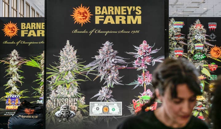 Stand von BarneyÂ s Farm, Züchter von Cannibis-Samen, Mary Jane Berlin - Cannabis Messe 2026, Messegelände, Westend, Charlottenburg, Berlin, Deutschland *** Booth of Barneys Farm, breeder of cannabis seeds, Mary Jane Berlin Cannabis Fair 2026, Exhibition Grounds, Westend, Charlottenburg, Berlin, Germany