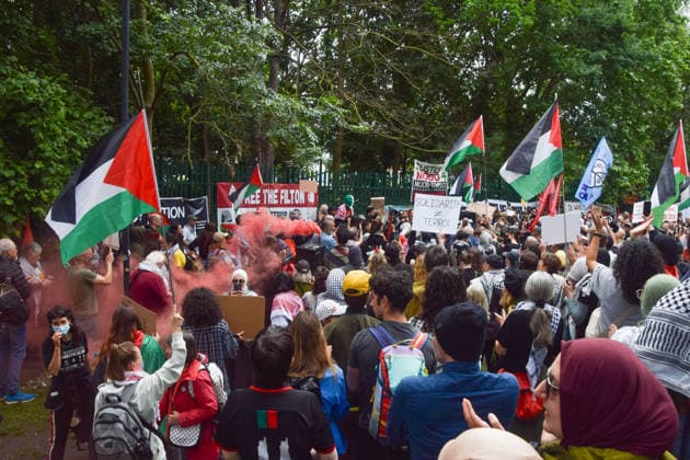 June 12, 2026, London, England, United Kingdom: Protesters gather outside Woolwich Crown Court during the sentencing of the activists known as the Filton 4, associated with Palestine Action. The judge will rule whether the activists will be sentenced as terrorists , following their convictions for criminal damage after a direct action at the factory of arms company Elbit Systems in Filton, close to Bristol. London United Kingdom - ZUMAv130 20260612_zip_v130_055 Copyright: xVukxValcicx