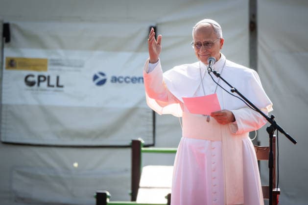 Pope Leo XIV visits Tenerife in Spain TENERIFE, CANARY ISLANDS, SPAIN - JUNE 12: Pope Leo XIV delivers a speech as he greets migrants during a visit to the Las Raices reception centre in Tenerife, Canary Islands, Spain on June 12, 2026. The visit marked the final stage of his week-long trip to Spain and highlighted the humanitarian challenges of the Atlantic migration route, with the pontiff calling for solidarity, dignity, and a more humane response to people seeking refuge and opportunity in Europe. Andres Gutierrez Anadolu Canary Islands Spain. Editorial use only. Please get in touch for any other usage.  Copyright: x2026xAnadoluxAndresxGutierrezx