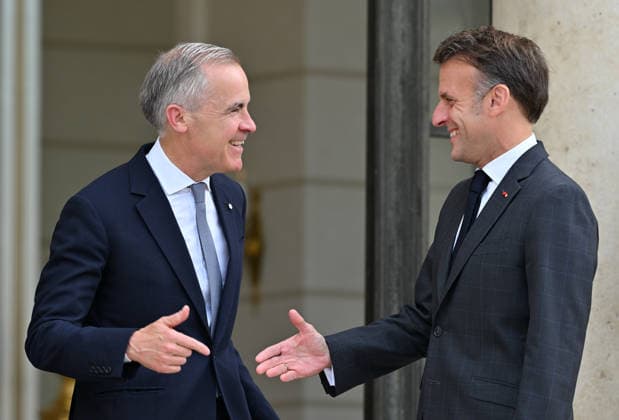 French President Macron meets with Prime Minister of Canada Carney in Paris PARIS, FRANCE - JUNE 12: French President Emmanuel Macron (R) and Prime Minister of Canada Mark Carney (L) pose for a photo ahead of their meeting at the Elysee Presidential Palace in Paris, France on June 12, 2026. Mustafa Yalcin Anadolu Paris France. Editorial use only. Please get in touch for any other usage.  Copyright: x2026xAnadoluxMustafaxYalcinx