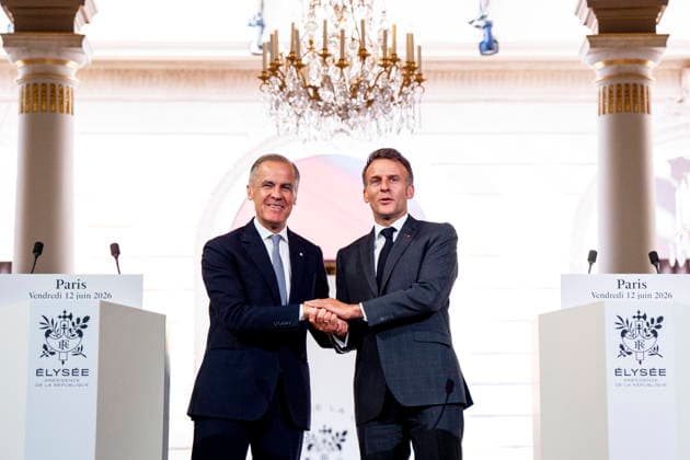 June 12, 2026, Paris, France: Canadian Prime Minister Mark Carney, left, and French President Emmanuel Macron shake hands after giving remarks at the Palais de löÄÃ Elysee in Paris, on Friday, June 12, 2026. Paris France  - ZUMAc35_ 20260612_zaf_c35_071 Copyright: xChristopherxKatsarovx