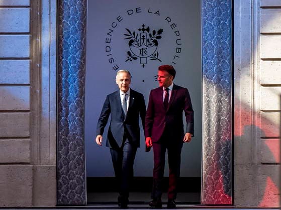 June 12, 2026, Paris, France: Canadian Prime Minister Mark Carney, left, and French President Emmanuel Macron enter to give remarks at the Palais de löÄÃ Elysee in Paris, on Friday, June 12, 2026. Paris France  - ZUMAc35_ 20260612_zaf_c35_076 Copyright: xChristopherxKatsarovx