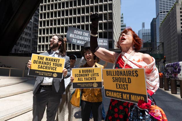 June 12, 2026, New York, New York, USA: Demonstrators with the satiric group Trillionaires For Trump wear elegant attire while holding signs that read THE MARKET DEMANDS YOUR SACRIFICE A BUBBLE ECONOMY LIFTS ALL YACHTS BILLIONAIRES SHOULD EXIST CHANGE MY MIND. A coalition of organizations rally outside JP Morgan Chase headquarters in Midtown Manhattan to disrupt Chase CEO J. Dimon s party celebrating E. Musk s launch of SpaceX s IPO on the Nasdaq Stock Exchange and Musk s net worth as a trillionaire. Organizers denounce working people having SpaceX forced into their 401ks and pensions and the emergence of trillionaire-level wealth in the United States while millions of people face housing insecurity, medical debt, and low wages. New - ZUMAr174 20260612_znp_r174_013 Copyright: xGinaxMxRandazzox
